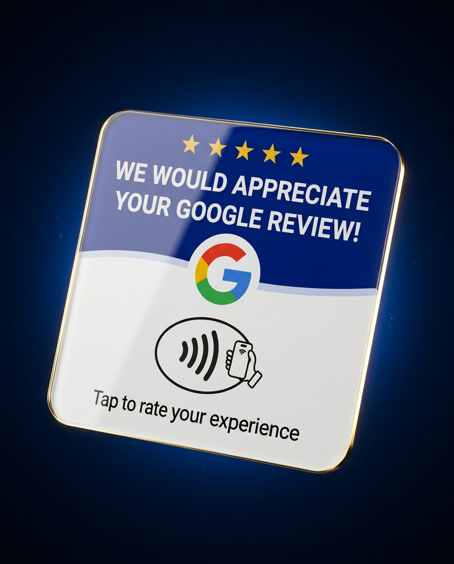 TapTap Reviews NFC card with five gold stars and Google logo